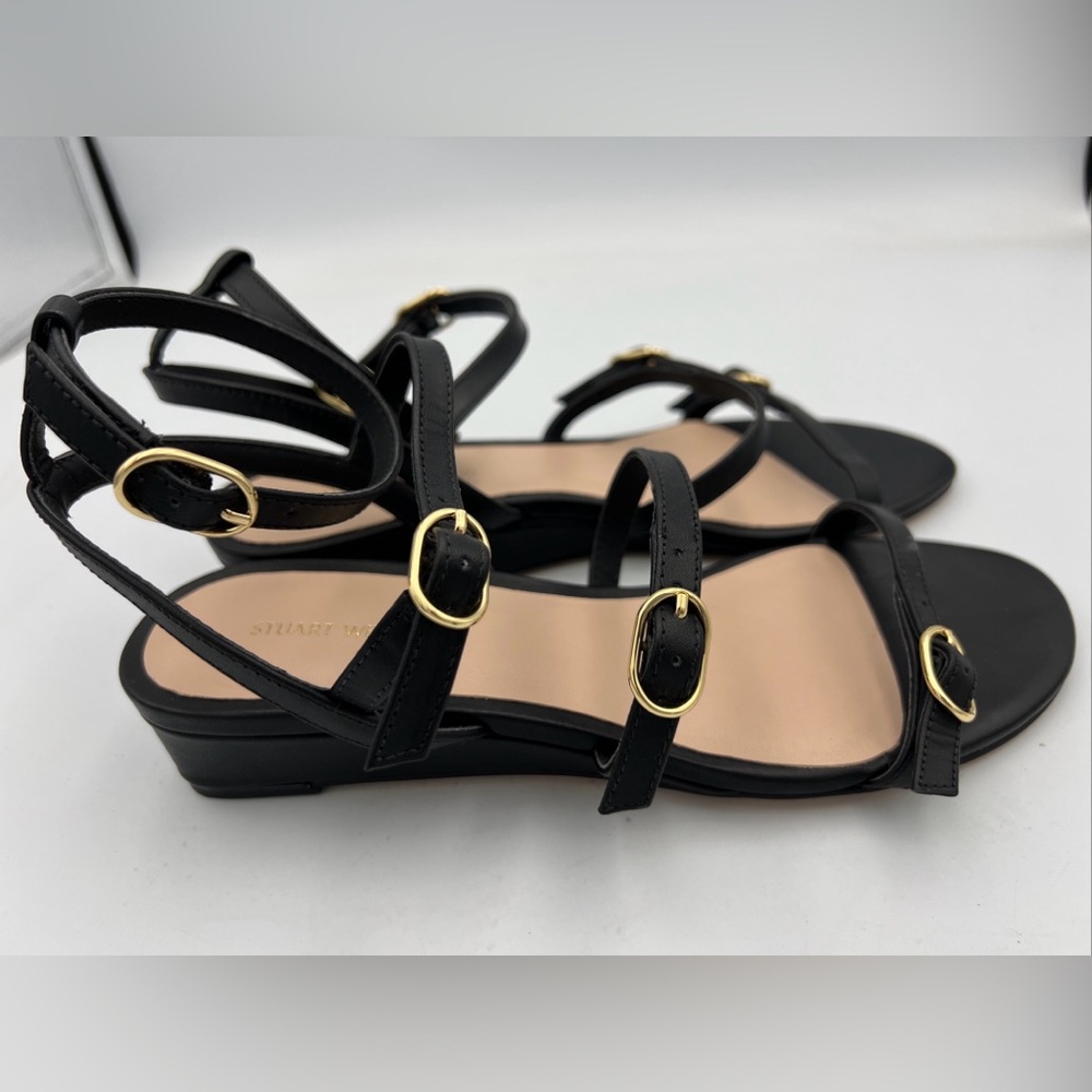 Stuart Weitzman Grecian Buckle Wedge Sandal Women's Black Size US7B EU37.5 NEW